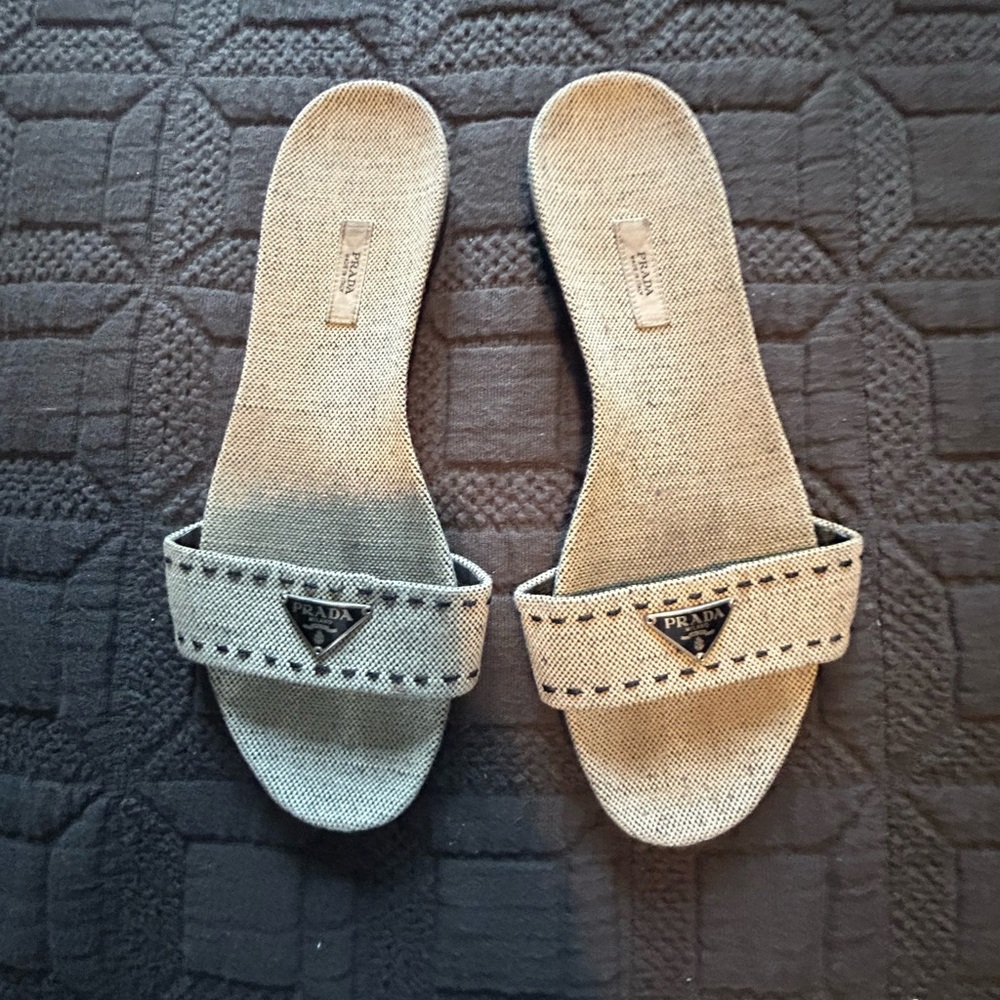 Authentic Prada Canvas Slides with Logo Plaque - Picture 2 of 10
